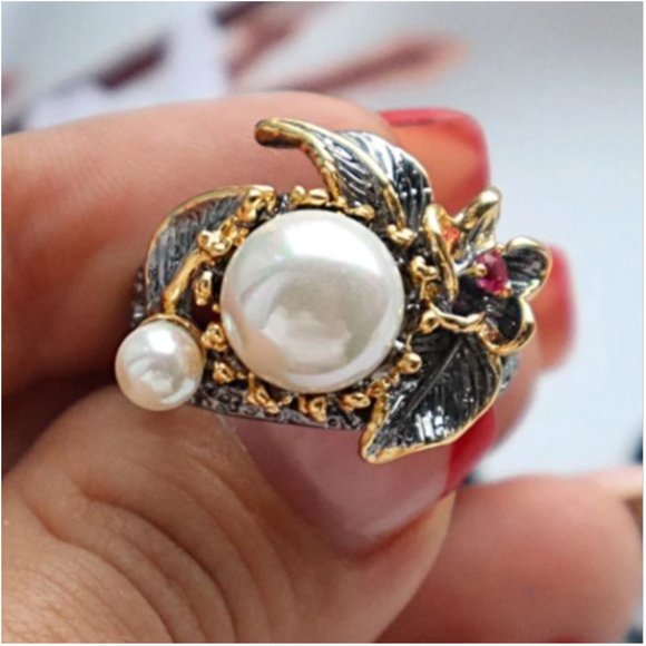 NEW Italian Jewelry Gold Flower Pearl Ring - Picture 10 of 14